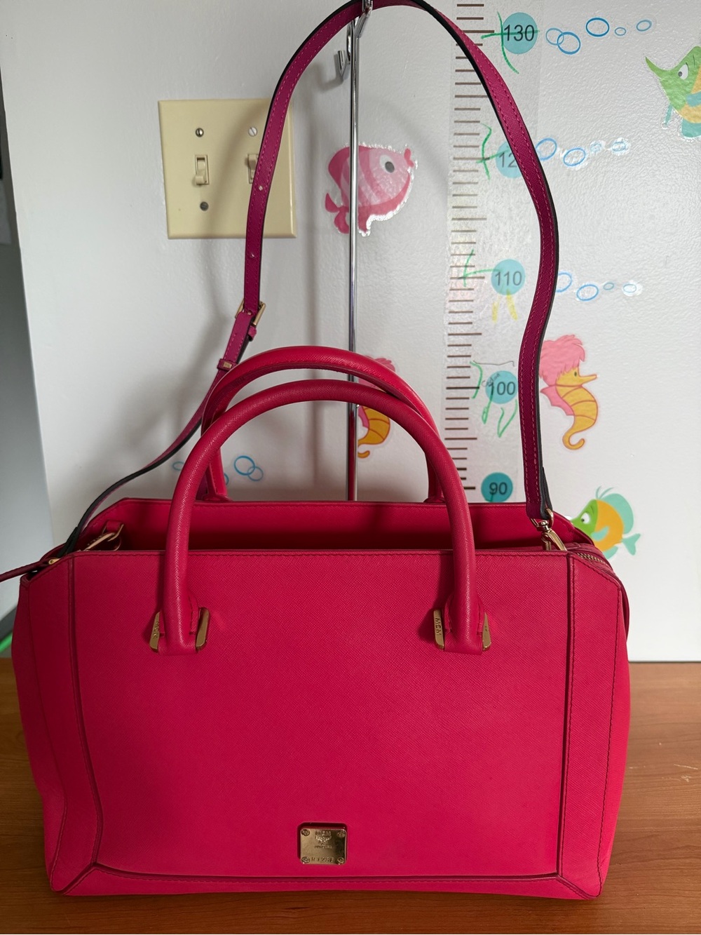 MCM Vibrant Hot Pink Top-Handle Satchel with Detachable Strap